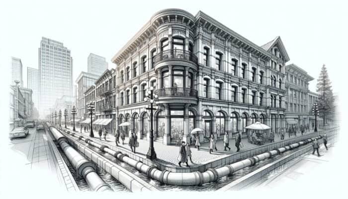 Perimeter Drainage Services in Gastown Vancouver: Illustration of perimeter drainage system in Gastown, Vancouver, channeling water away from historic building's foundation.