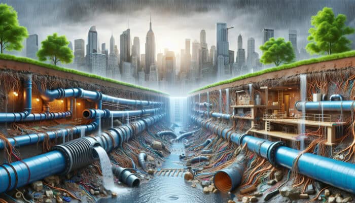 Sewer Repair Services in Port Moody: Cross-section of Port Moody sewer system showing root intrusion, corrosion, blockages, cracks, sagging, and improper installations during heavy rain.