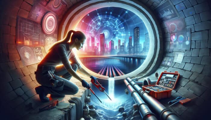 A plumber in a neon-lit sewer tunnel in Port Moody repairing a pipe with advanced tools, cityscape visible.