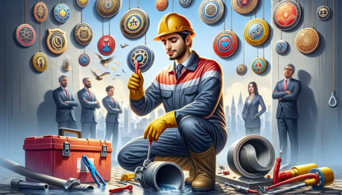 A sewer repair technician in Port Moody inspecting a damaged pipe, with tools and certification badges.