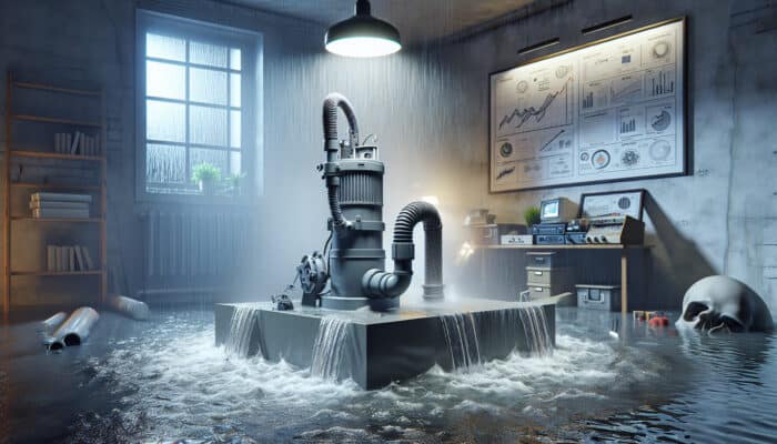Sump Pump Services in Abbotsford: Sump pump in basement actively draining water during heavy rainstorm in Abbotsford, preventing flooding.