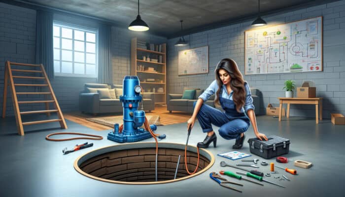 A professional installing a sump pump in a basement in Abbotsford, with tools and new pump by sump pit.