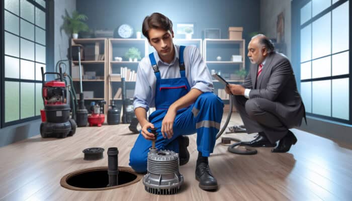 Sump pump expert in blue uniform replacing impeller, various pump models in basement background.