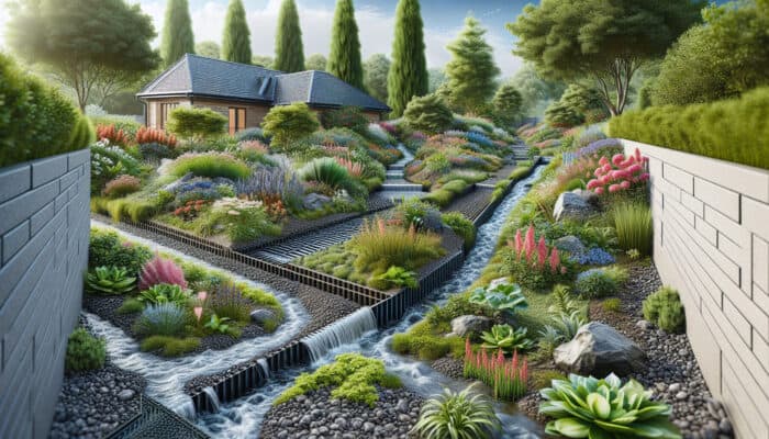 Yard Drainage Services in Burnaby: A lush garden showcasing French drains, dry wells, and swales for yard drainage.