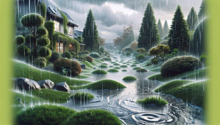 Lawn Drainage Services in South Vancouver: South Vancouver lawn with puddles and waterlogged areas due to soil compaction and improper grading under heavy rain.