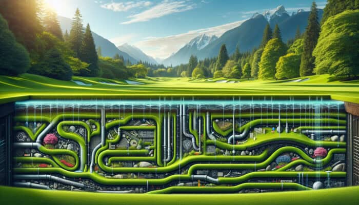 Cross-section of a South Vancouver lawn with French drains and dry wells, lush green background.