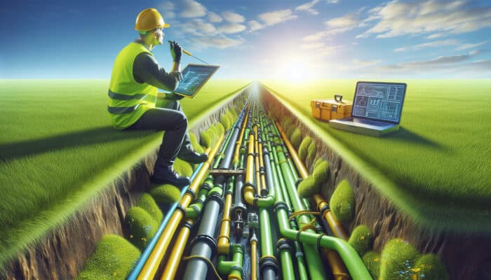 A professional drainage expert in yellow vest using advanced tools on a lush lawn under blue sky.