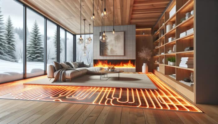 Hydronic Radiant Floor Heating Services in Surrey: A modern living room in Surrey, Canada, with hydronic radiant floor heating visible under a wooden floor, providing warmth on a cold winter day.