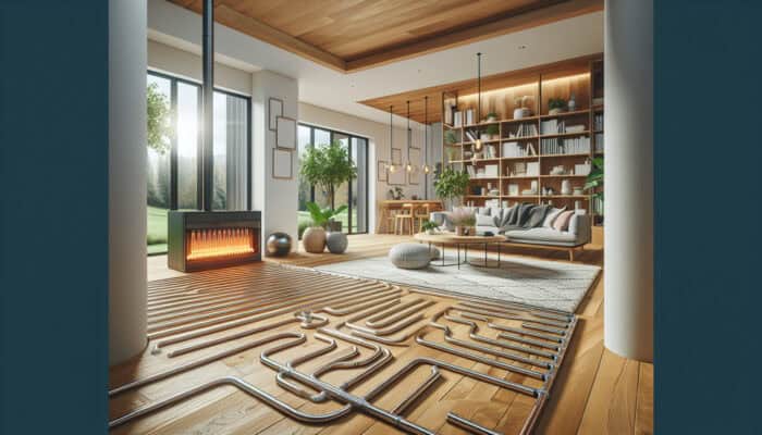Modern Surrey home with hydronic radiant floor heating, energy-efficient, cozy room with low-temperature water pipes under wooden floors.