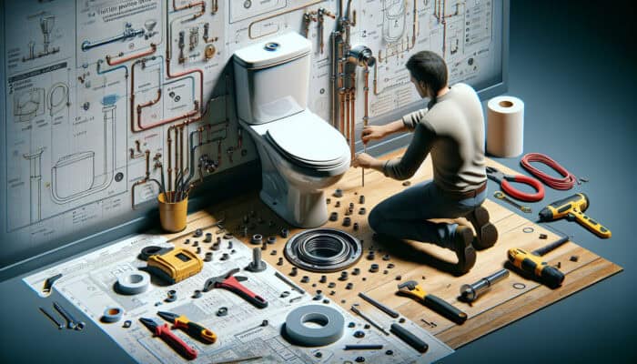 Toilet Installation Services in Chilliwack: Person installing toilet, aligning over flange, securing with bolts, connecting water supply, tools and new wax ring nearby.