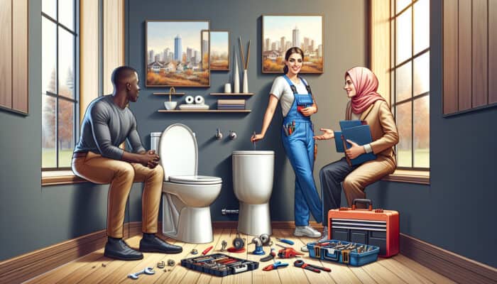 A plumber installing a modern toilet in a stylish Chilliwack bathroom, with tools and a satisfied customer.