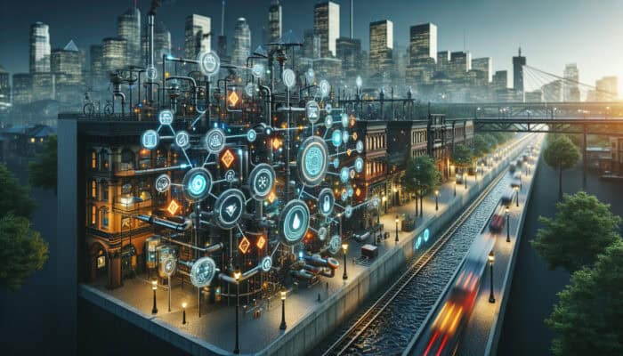 Futuristic urban drainage system in Gastown with smart sensors and IoT, showing real-time data on screens.