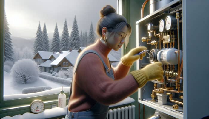 Boiler Services in Port Coquitlam: Technician in Port Coquitlam inspecting and maintaining boiler for safety and efficiency in snowy conditions.