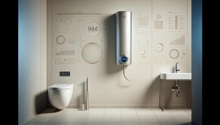 Water Heater Services in West Vancouver: A modern bathroom with a sleek, wall-mounted tankless water heater and digital interface.