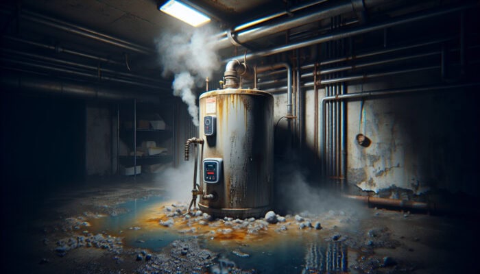 A distressed water heater in a basement, showing rust, leaks, and steam with discolored water around it.