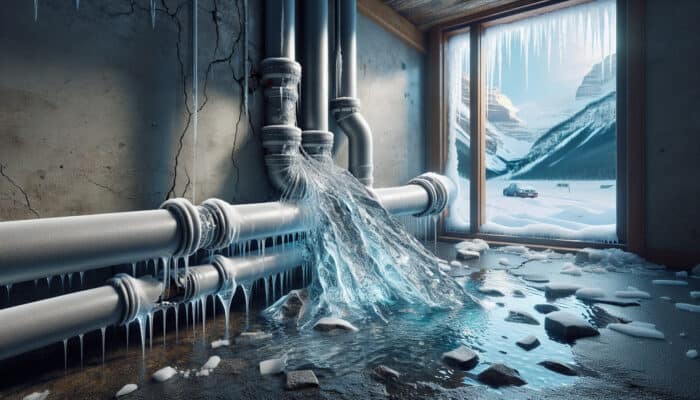 Poly B Replacement Services in Whistler: Close-up of cracked Poly B pipes made from polyethylene, leaking water in a 1990s Canadian basement during Whistler's snowy winter.