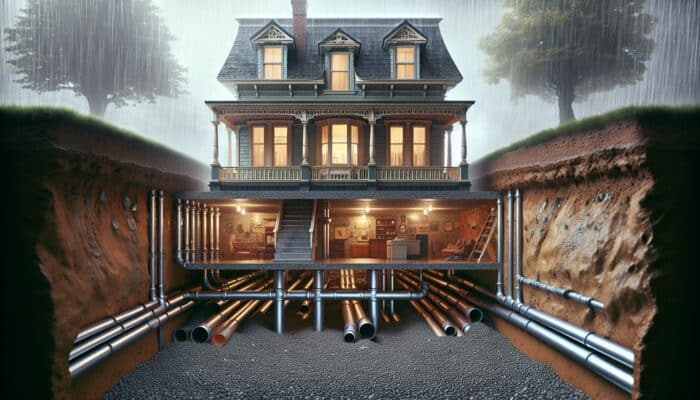 Crawl Space Drainage Services in Gastown Vancouver: Cross-section of a crawl space under a Victorian house in rainy Vancouver, with pipes and gravel diverting water to prevent moisture buildup.