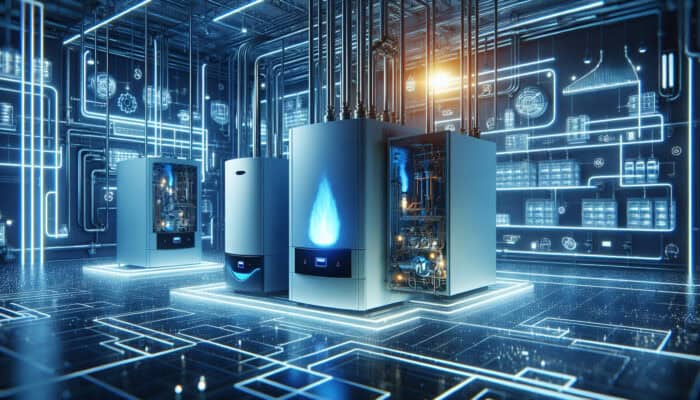 Boiler Services in Kitsilano, Vancouver: Modern boiler room with gas boiler's blue flames, oil boiler's fuel lines, and electric boiler's glowing coils generating steam.