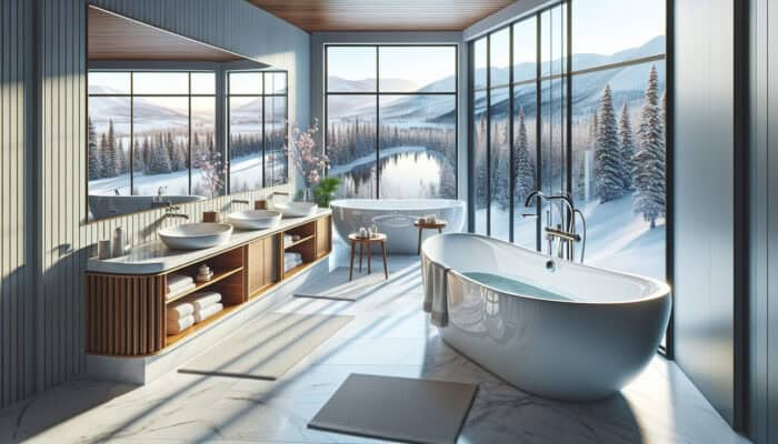 A luxurious Canadian bathroom featuring acrylic, fiberglass, cast iron, and porcelain bathtubs, with a snowy window view.
