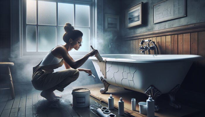A technician repairs a clawfoot bathtub in a steamy Coquitlam bathroom, patching cracks, sealing leaks, and refinishing the surface.