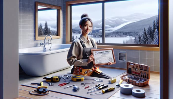 A skilled technician in uniform holds a certification in a modern bathroom, surrounded by tools and snowy mountain views.